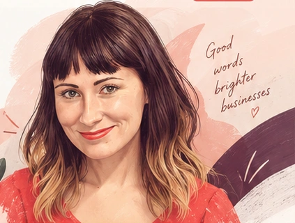 Illustrated portrait of Bec Granfield, smiling in a red top